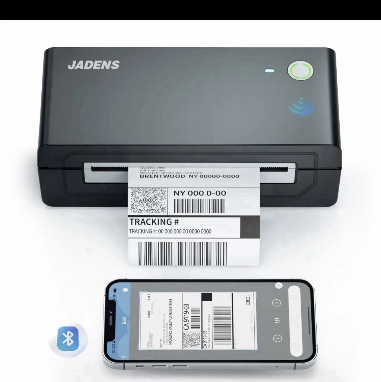 Black JADENS 668BT thermal label printer with a phone